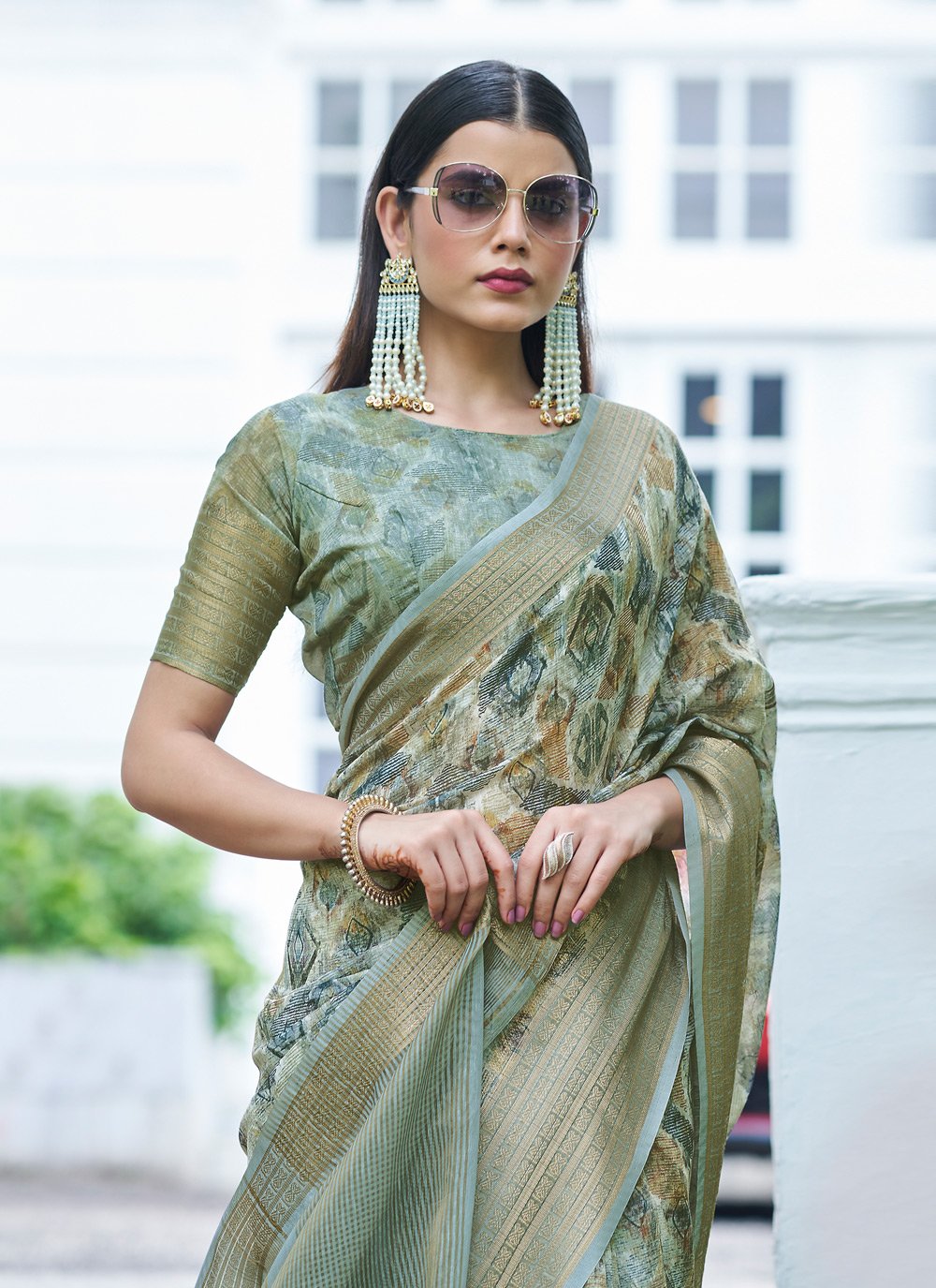 Casual Linen Green Digital Print Saree