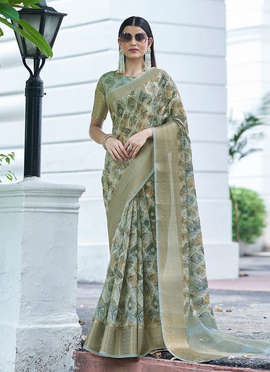 Casual Linen Green Digital Print Saree