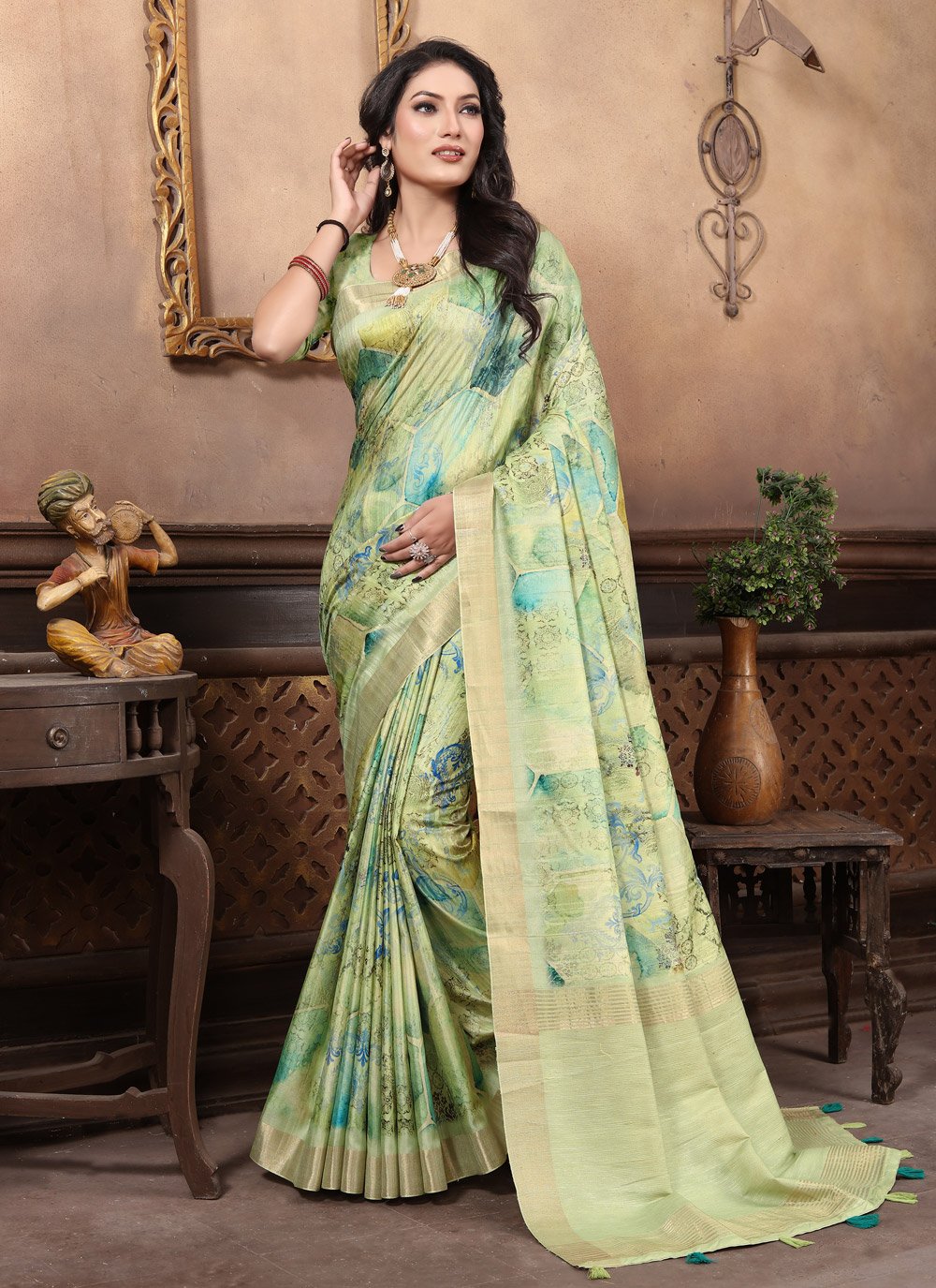 Contemporary Silk Green Digital Print Saree