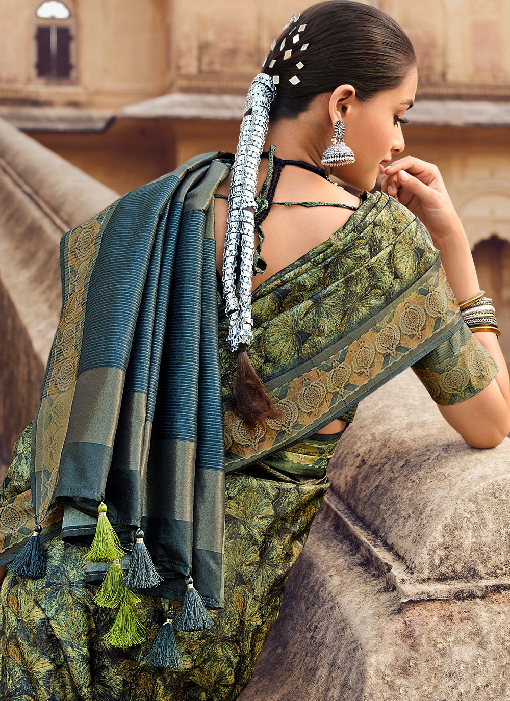 Designer Silk Green Digital Print Saree