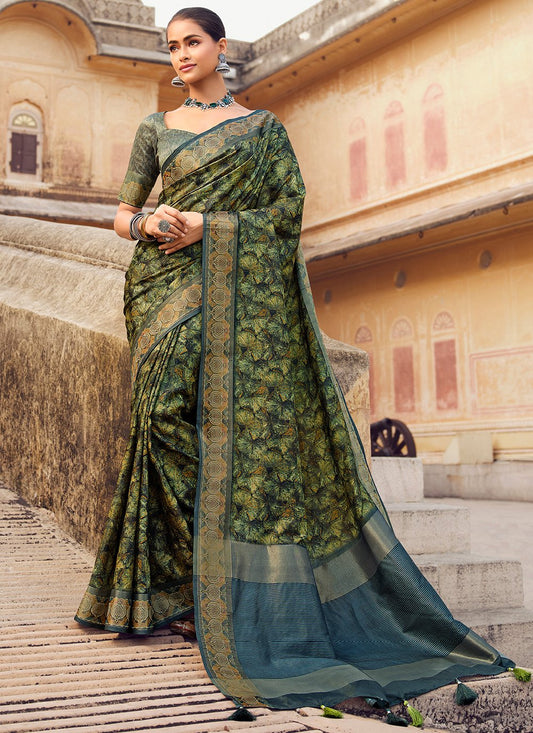 Designer Silk Green Digital Print Saree