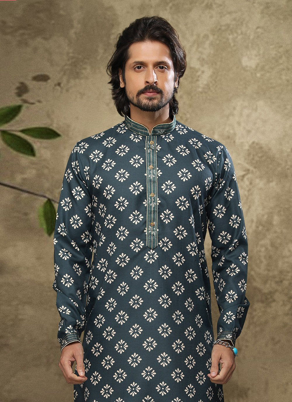 Dhoti Kurta Handloom Cotton Green Digital Print Mens