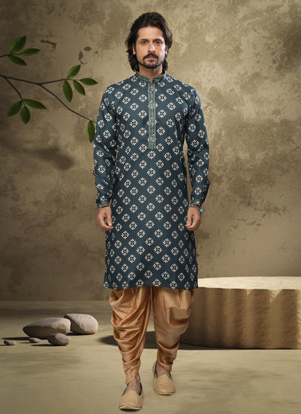 Dhoti Kurta Handloom Cotton Green Digital Print Mens