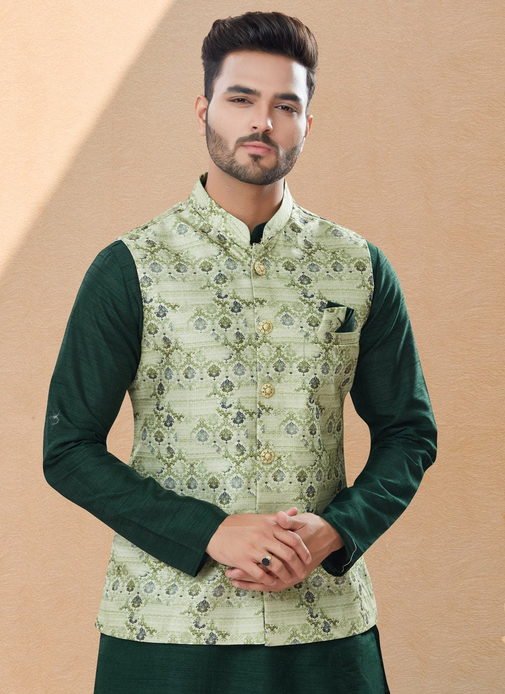 Kurta Payjama With Jacket Dupion Silk Jacquard Green Digital Print Mens