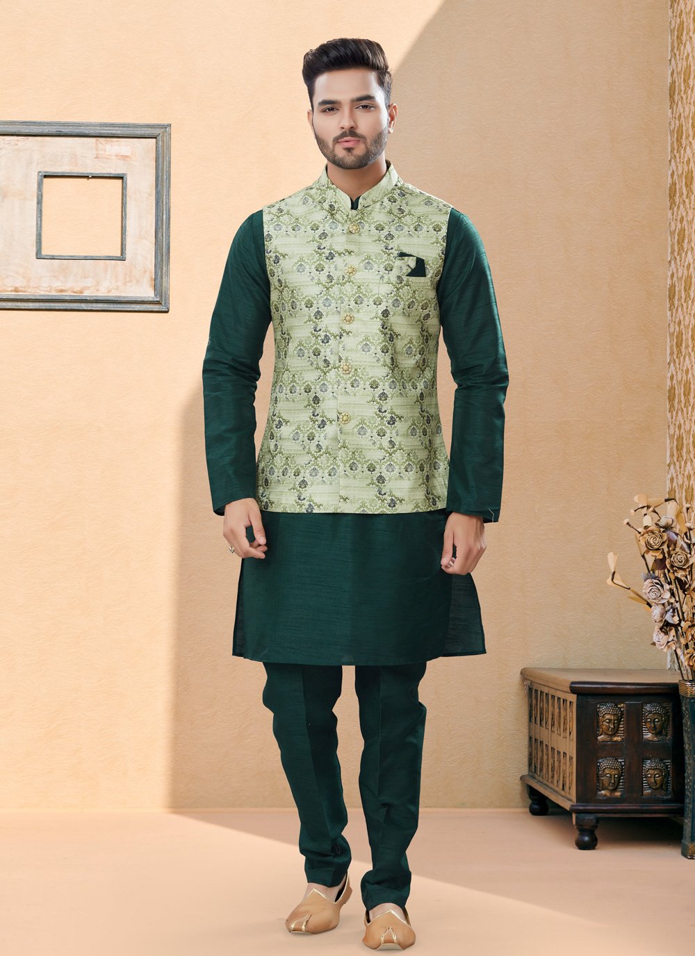 Kurta Payjama With Jacket Dupion Silk Jacquard Green Digital Print Mens