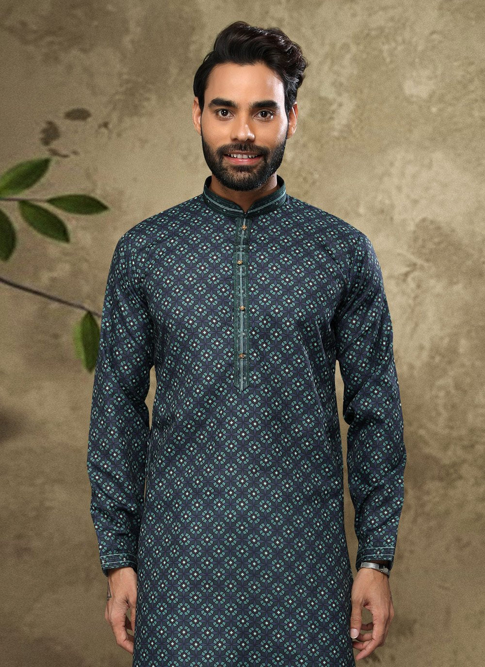 Kurta Pyjama Handloom Cotton Green Digital Print Mens