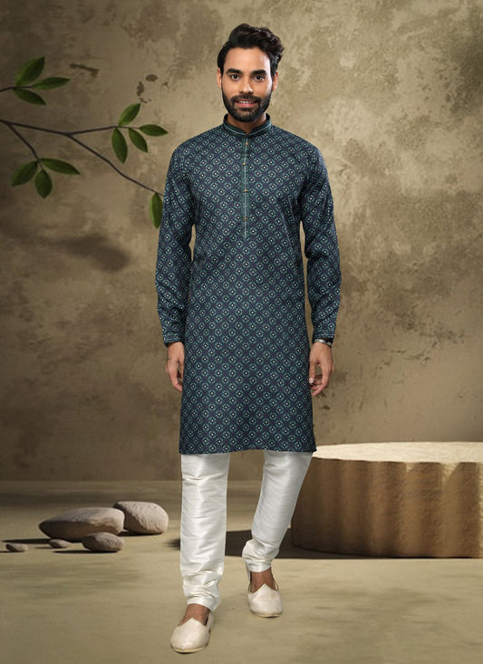 Kurta Pyjama Handloom Cotton Green Digital Print Mens