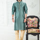 Kurta Pyjama Banarasi Silk Green Digital Print Mens