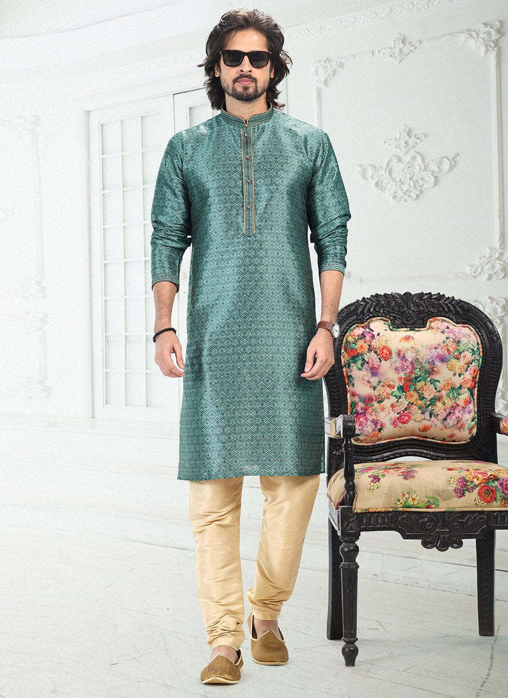 Kurta Pyjama Banarasi Silk Green Digital Print Mens