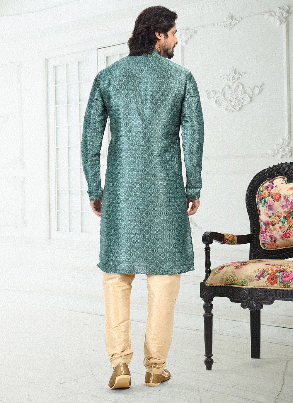 Kurta Pyjama Banarasi Silk Green Digital Print Mens