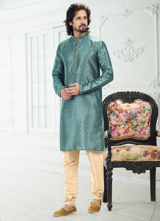 Kurta Pyjama Banarasi Silk Green Digital Print Mens