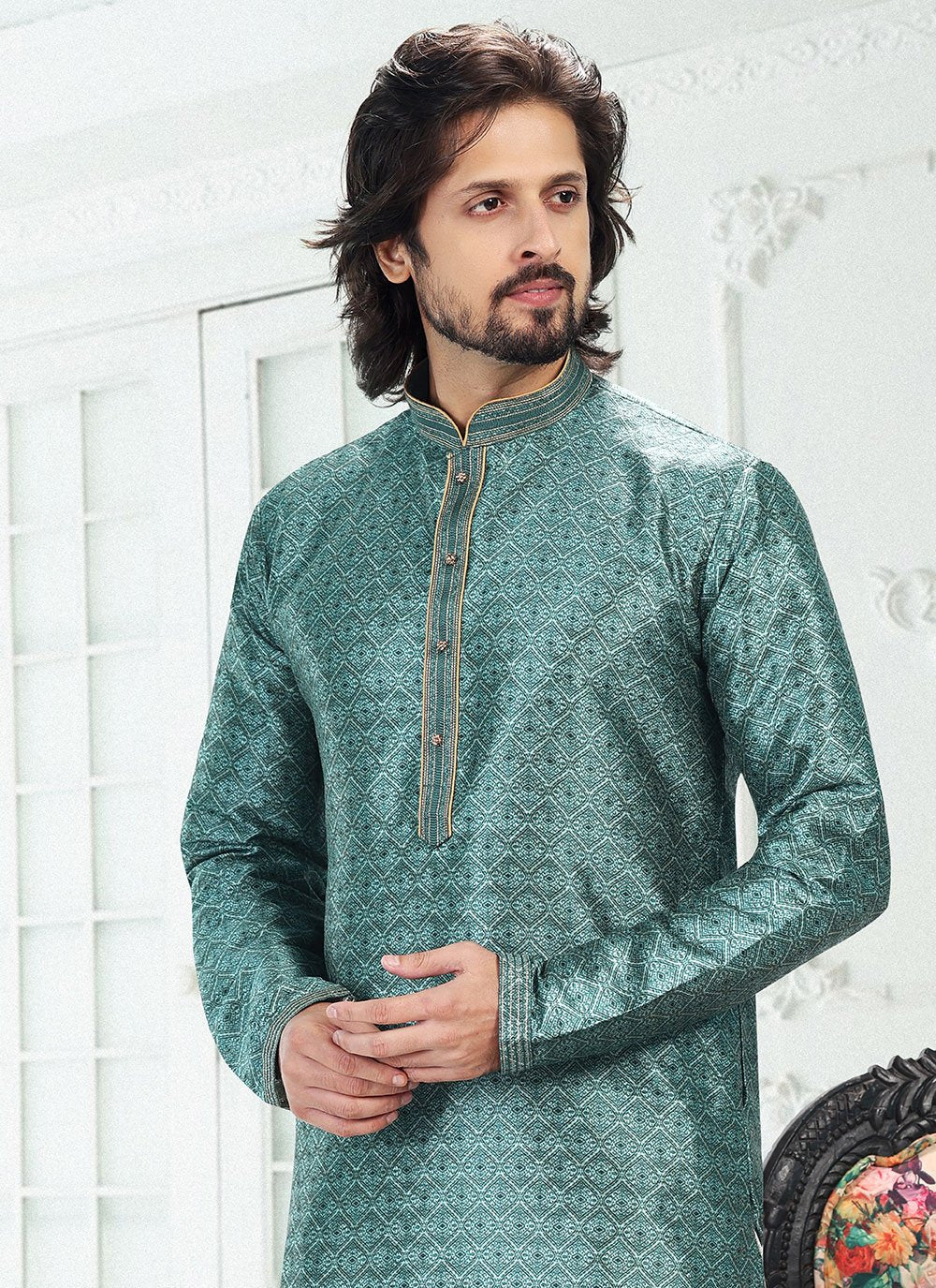 Kurta Pyjama Banarasi Silk Green Digital Print Mens