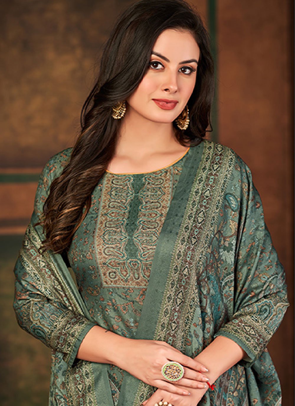 Straight Salwar Suit Pashmina Green Digital Print Salwar Kameez