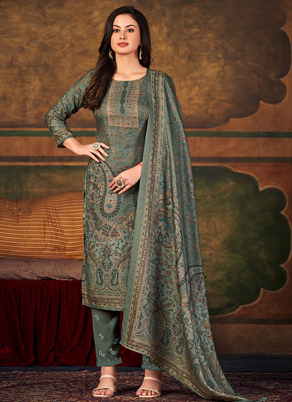 Straight Salwar Suit Pashmina Green Digital Print Salwar Kameez