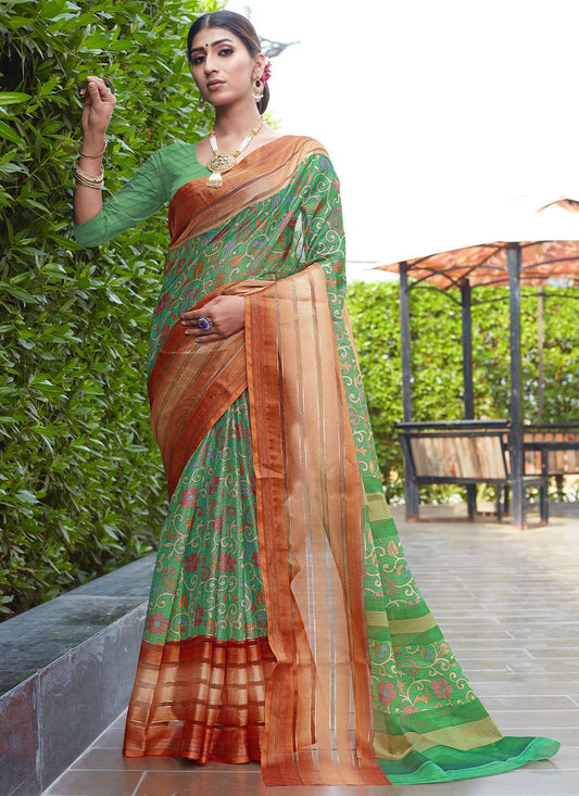 Classic Cotton Silk Green Digital Print Saree