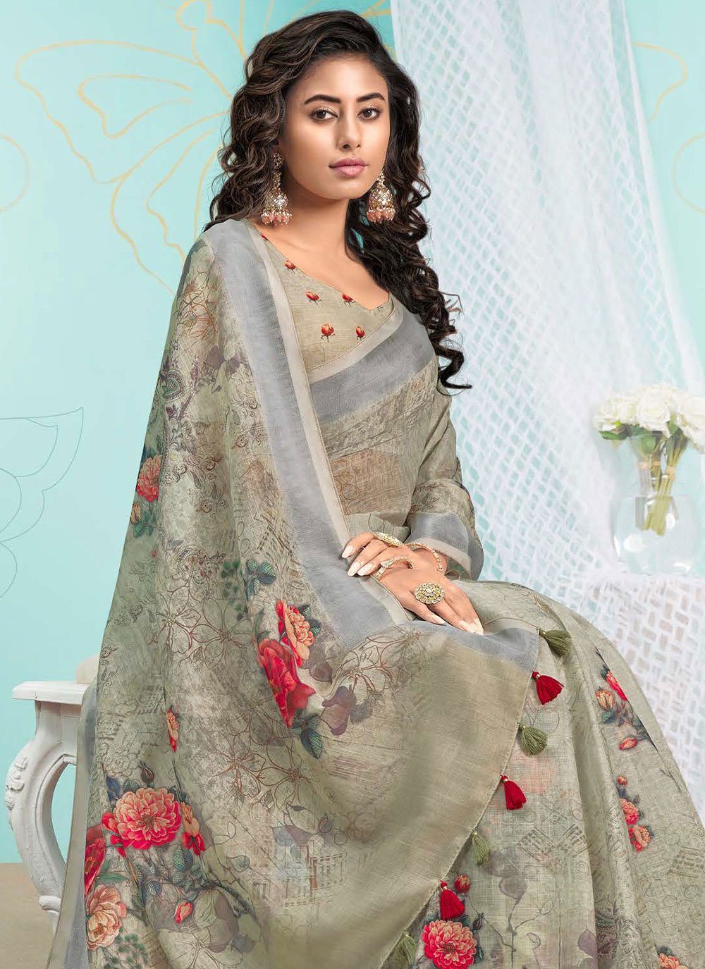 Classic Organza Green Digital Print Saree