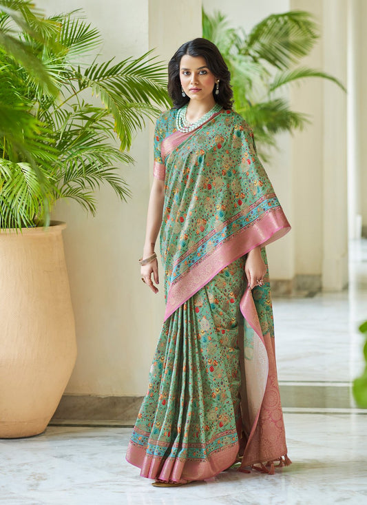 Trendy Saree Silk Green Digital Print Saree