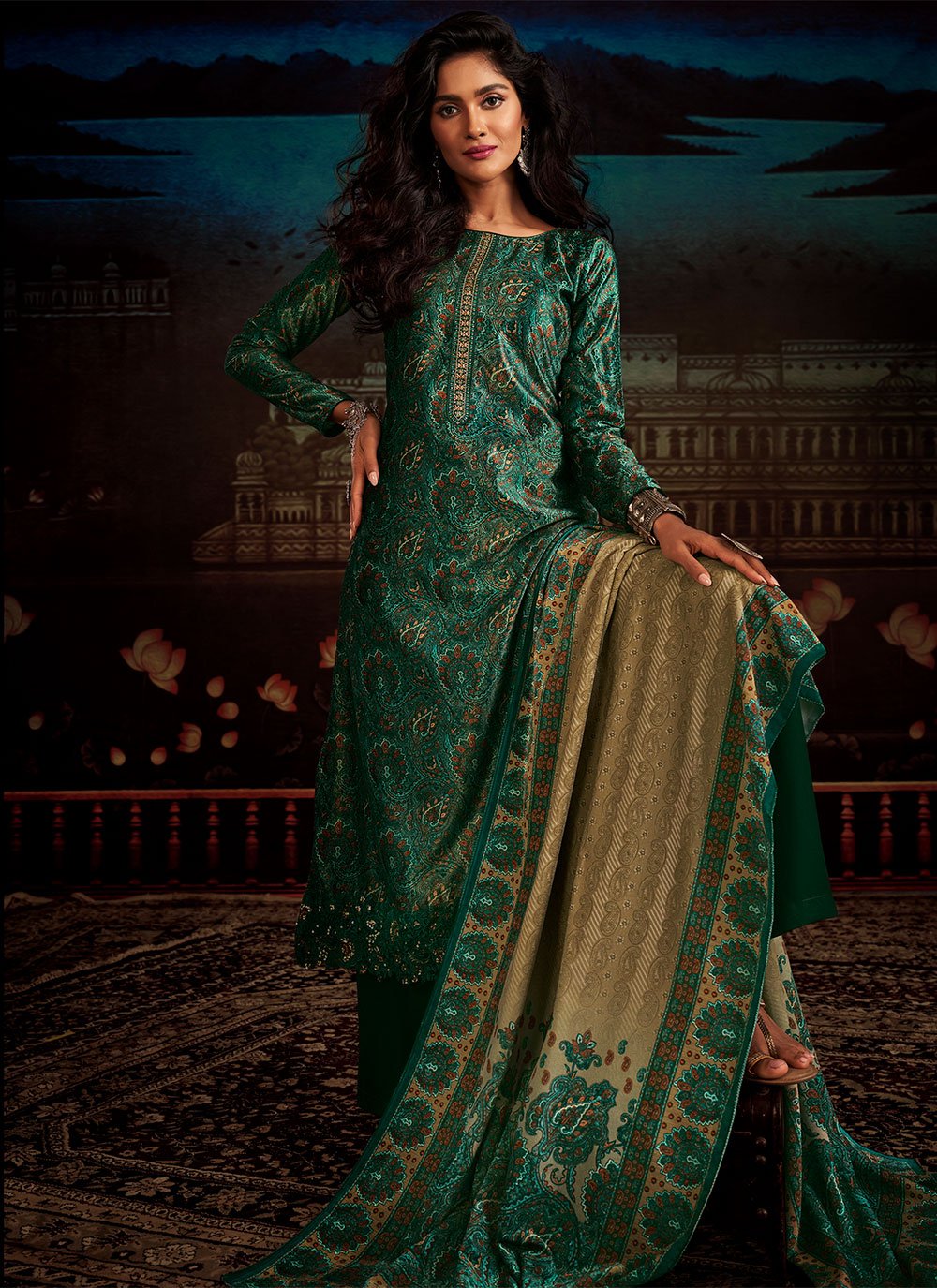 Salwar Suit Velvet Green Digital Print Salwar Kameez