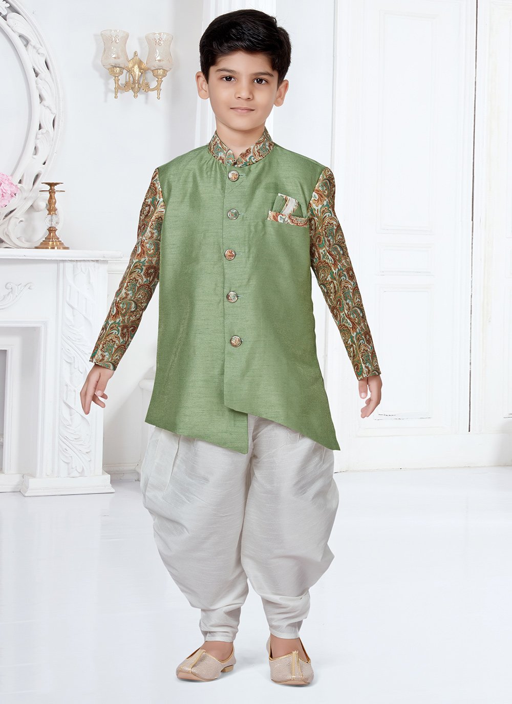 Indo Western Sherwani Silk Green Digital Print Kids