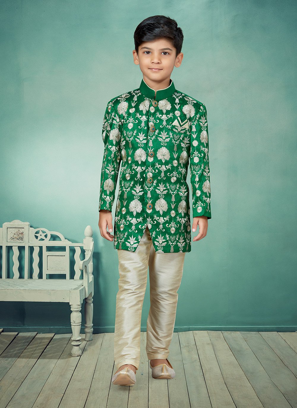 Indo Western Dupion Silk Green Embroidered Kids