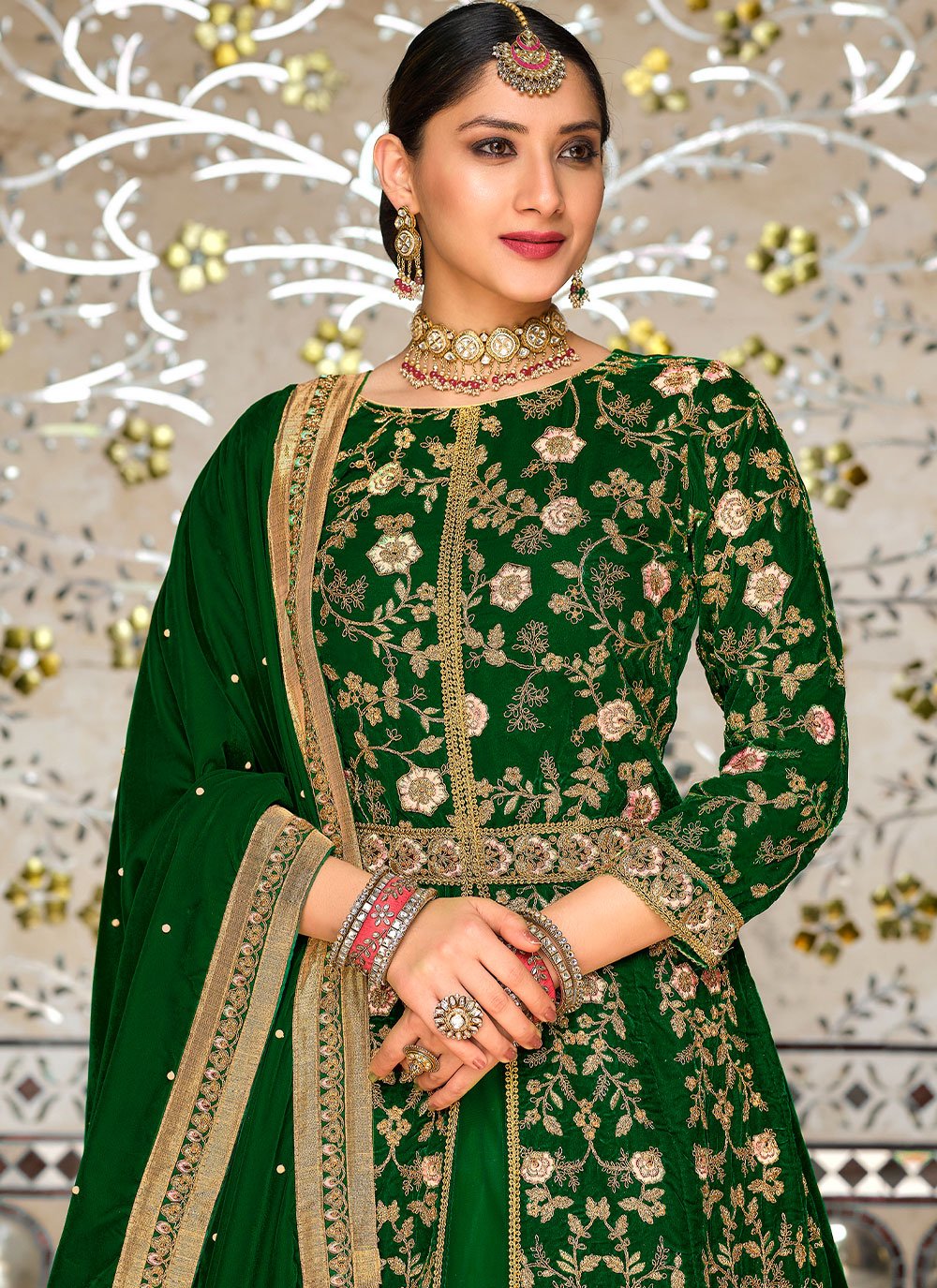 A Line Lehenga Velvet Green Embroidered Lehenga Choli