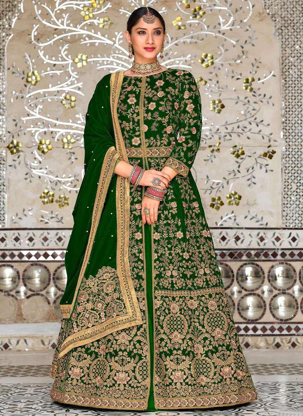 A Line Lehenga Velvet Green Embroidered Lehenga Choli