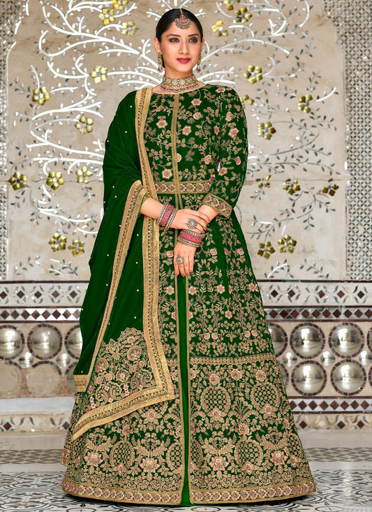 A Line Lehenga Velvet Green Embroidered Lehenga Choli