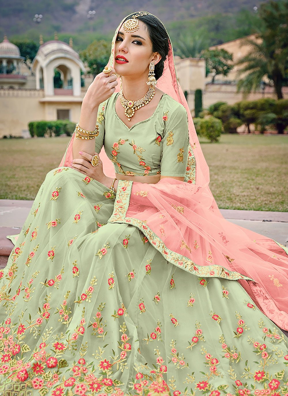 A Line Lehenga Net Satin Silk Green Diamond Lehenga Choli