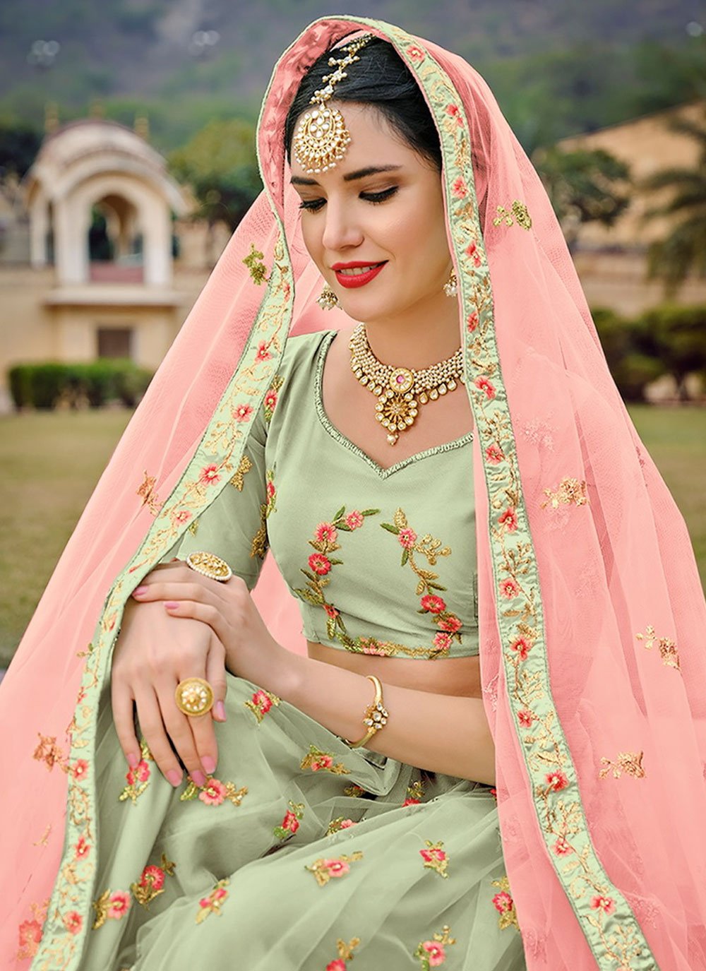 A Line Lehenga Net Satin Silk Green Diamond Lehenga Choli