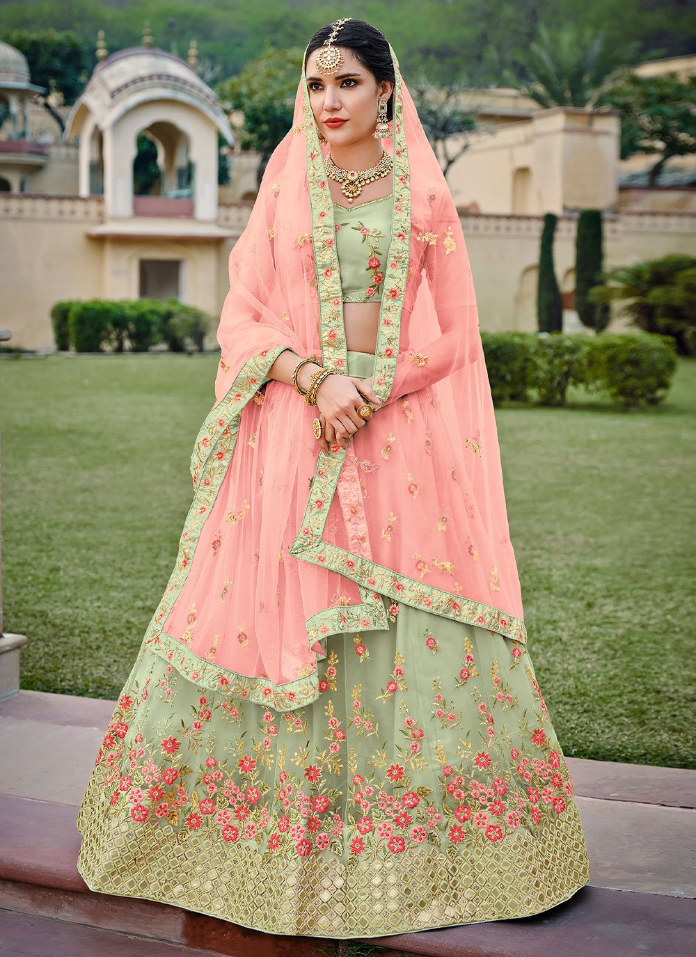 A Line Lehenga Net Satin Silk Green Diamond Lehenga Choli