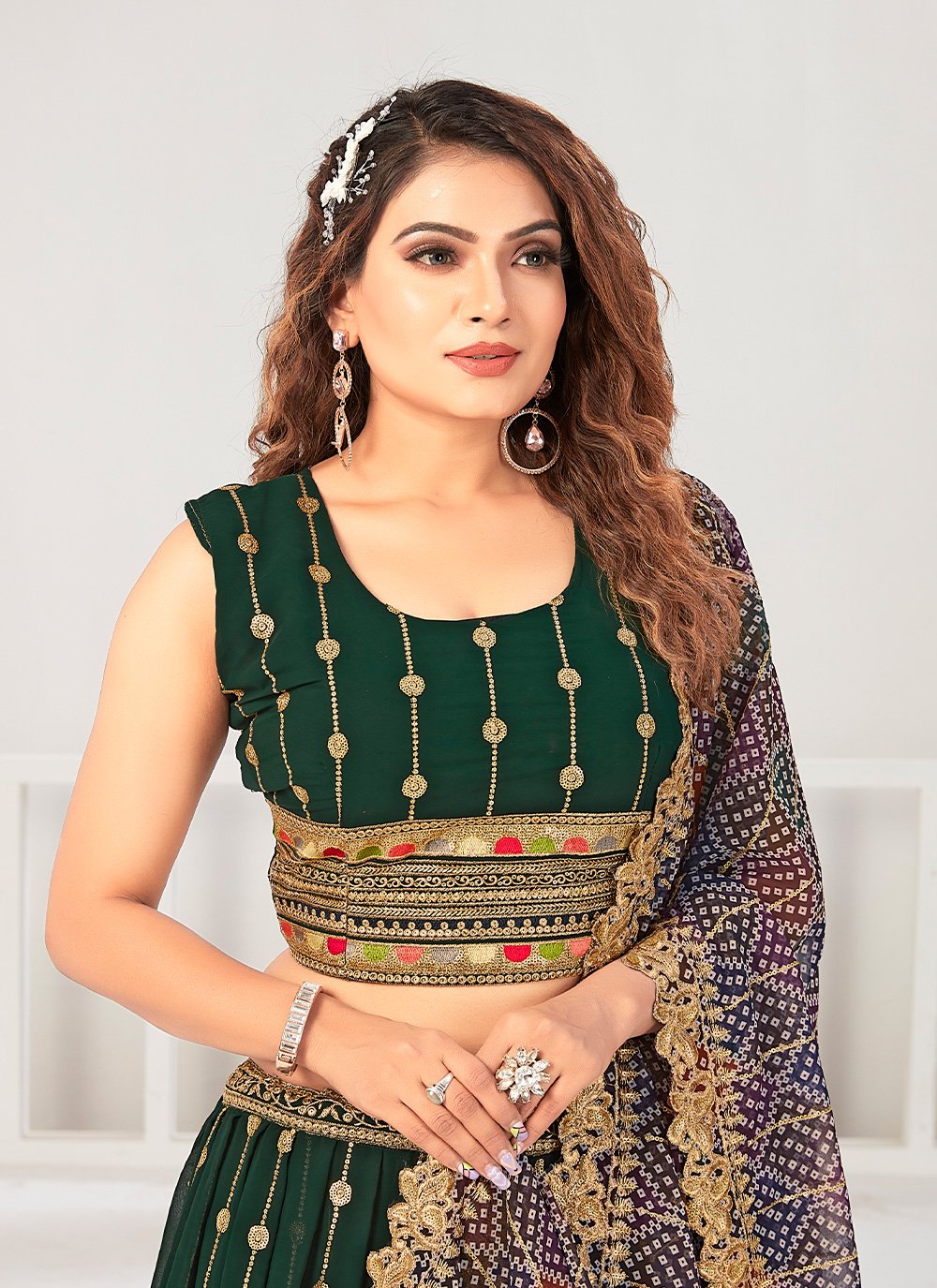 A Line Lehenga Georgette Green Embroidered Lehenga Choli