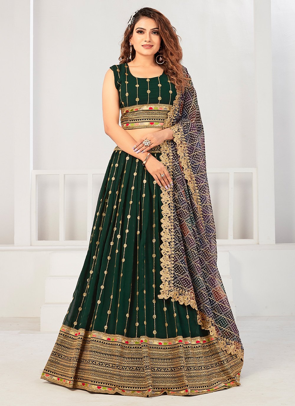 A Line Lehenga Georgette Green Embroidered Lehenga Choli