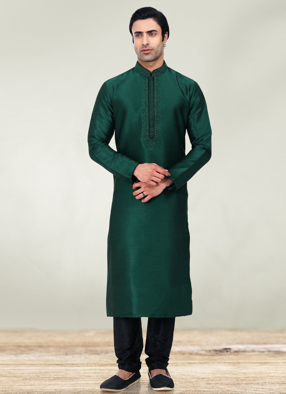 Kurta Pyjama Art Banarasi Silk Green Embroidered Mens