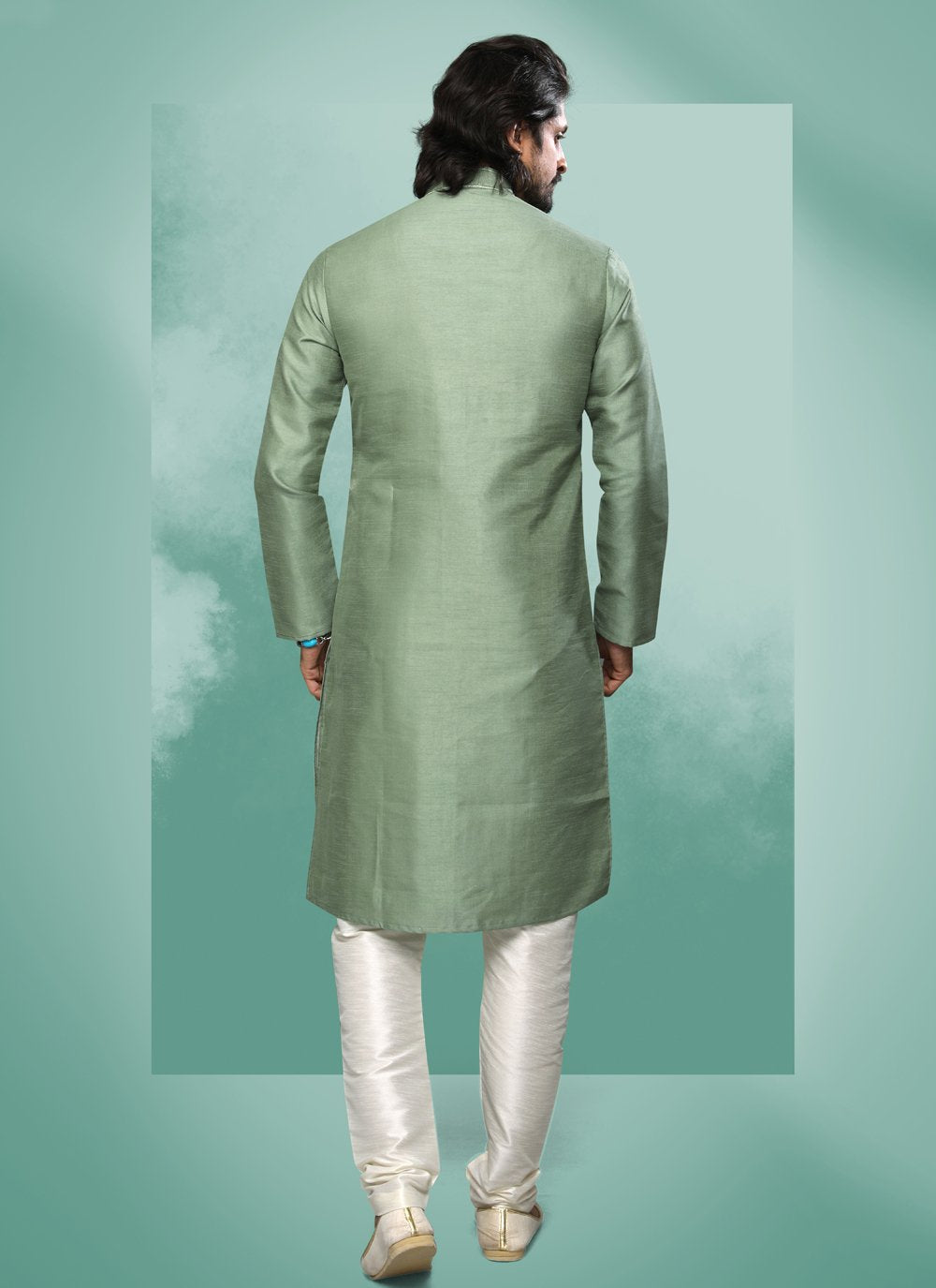 Kurta Pyjama Art Silk Green Embroidered Mens