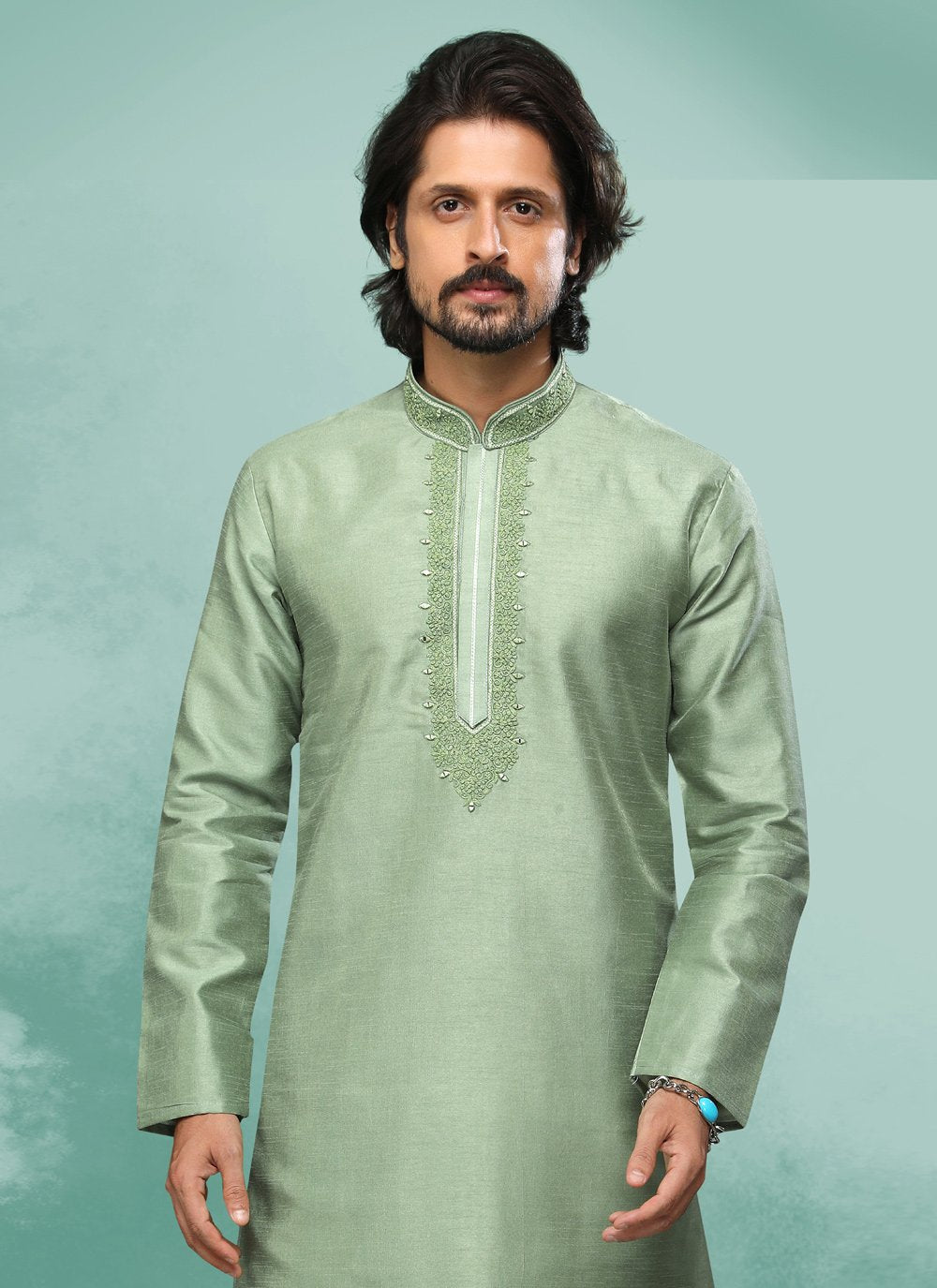 Kurta Pyjama Art Silk Green Embroidered Mens