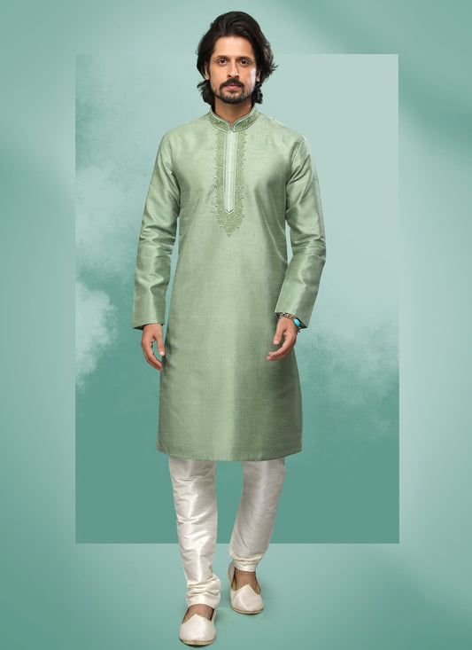 Kurta Pyjama Art Silk Green Embroidered Mens