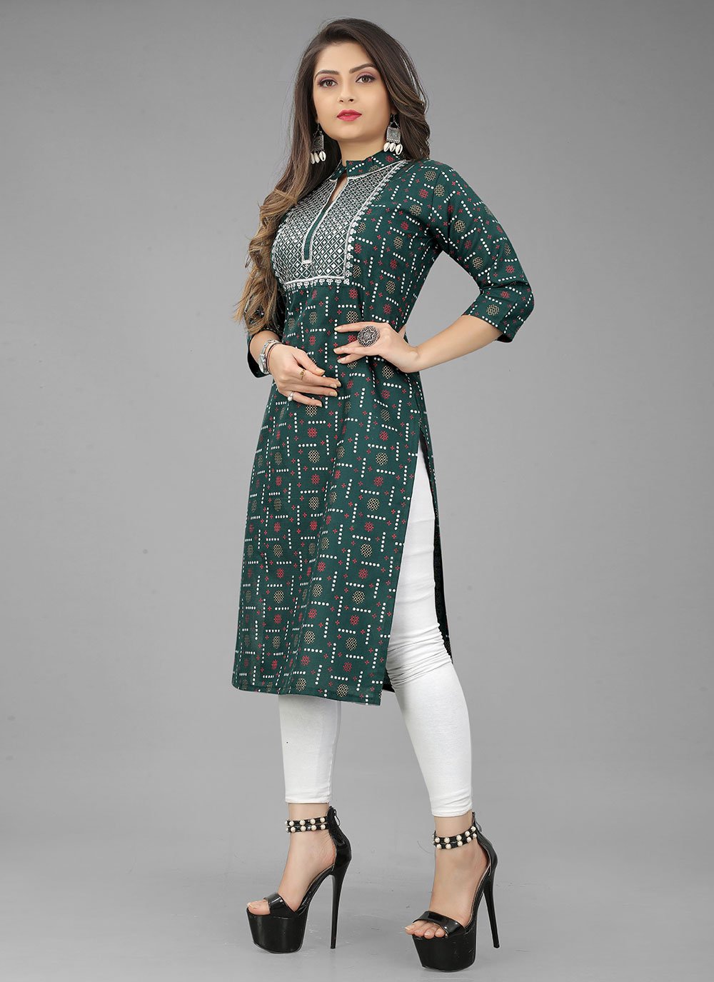 Casual Kurti Cotton Green Embroidered Kurtis