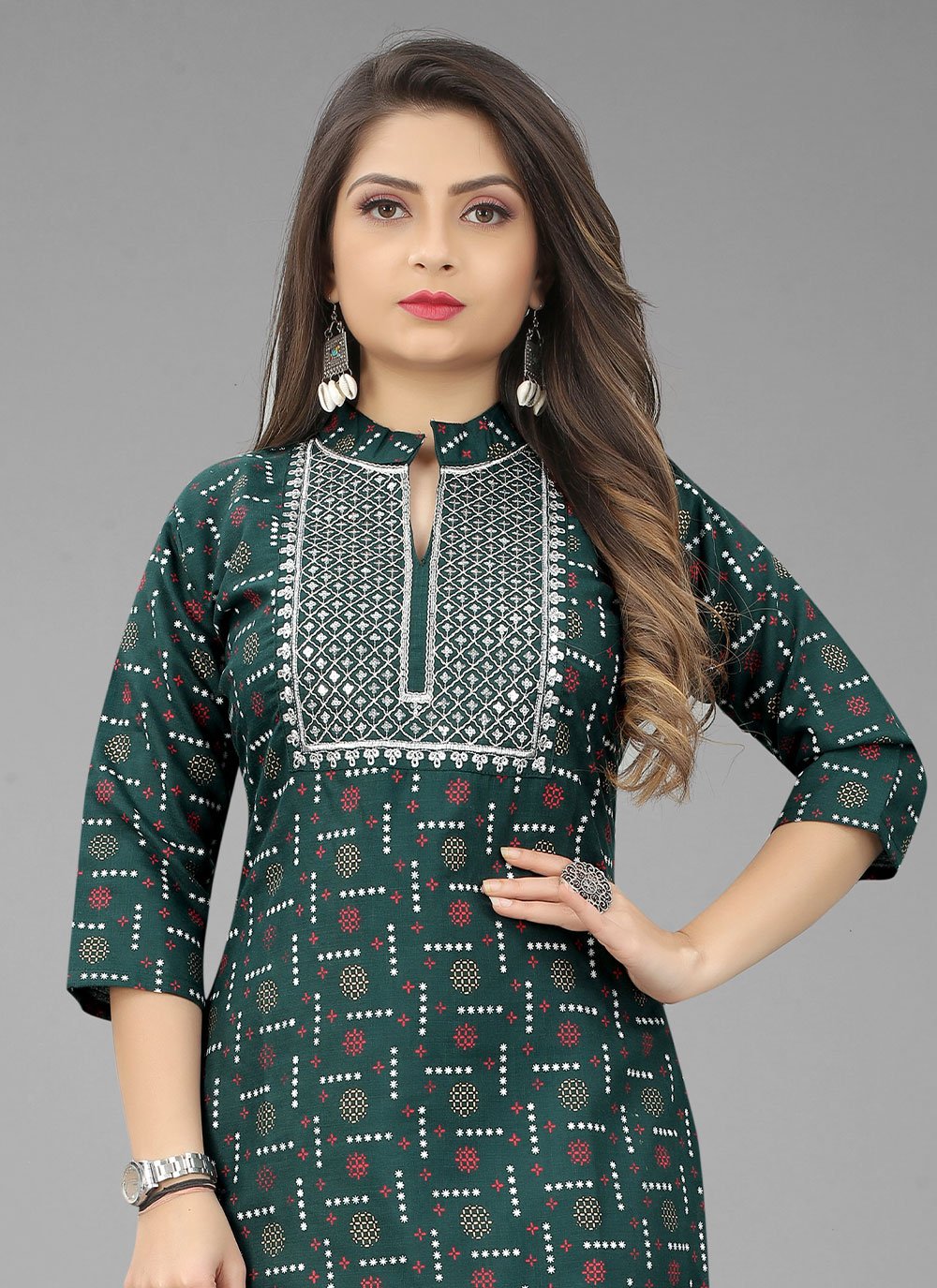 Casual Kurti Cotton Green Embroidered Kurtis