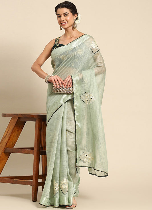 Casual Poly Cotton Green Embroidered Saree