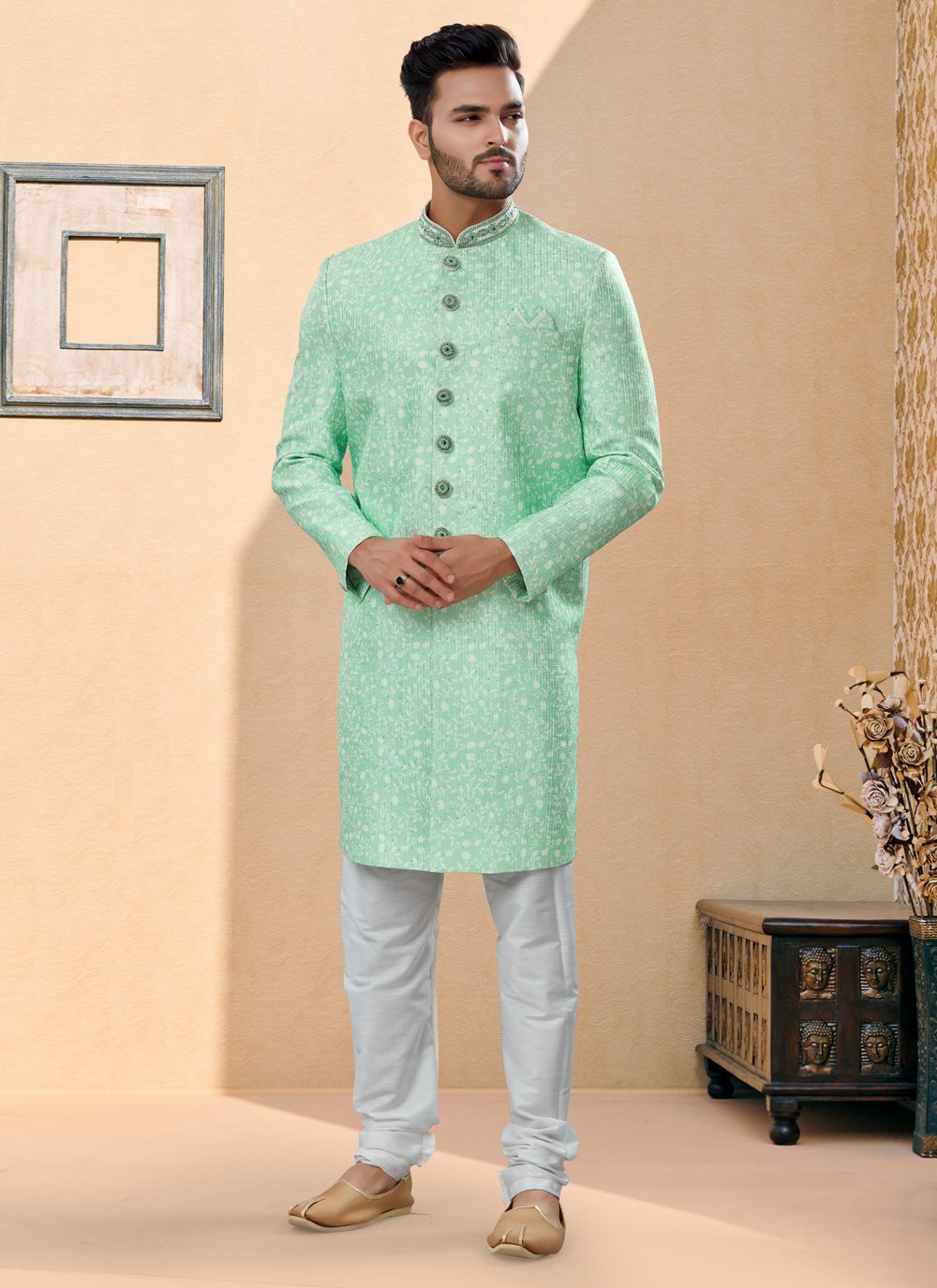 Indo Western Sherwani Fancy Fabric Green Embroidered Mens