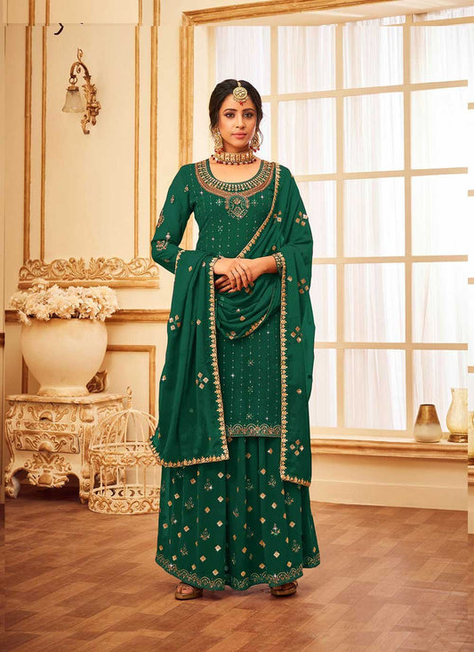 Sharara Set Faux Georgette Green Embroidered Salwar Kameez