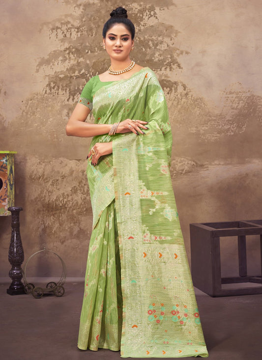 Designer Cotton Silk Green Embroidered Saree