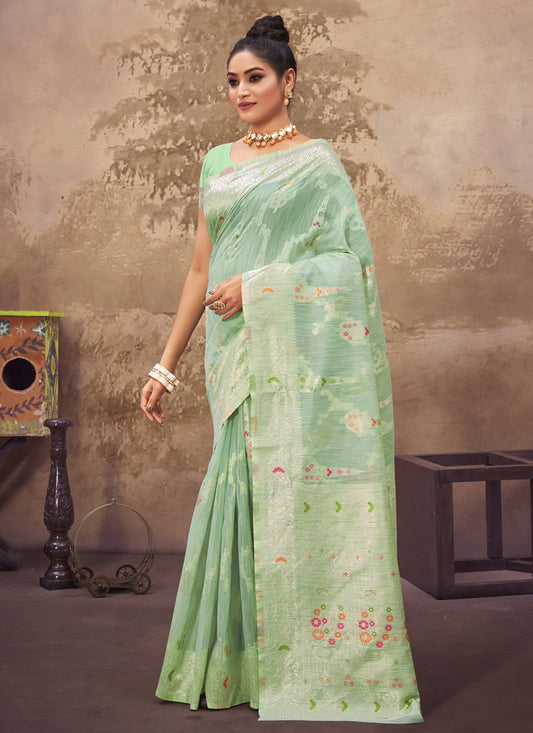 Designer Cotton Silk Green Embroidered Saree