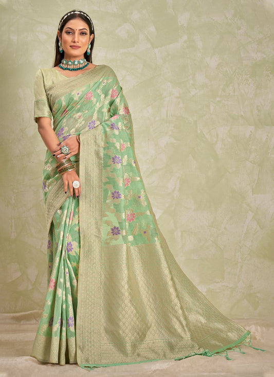 Designer Cotton Green Embroidered Saree