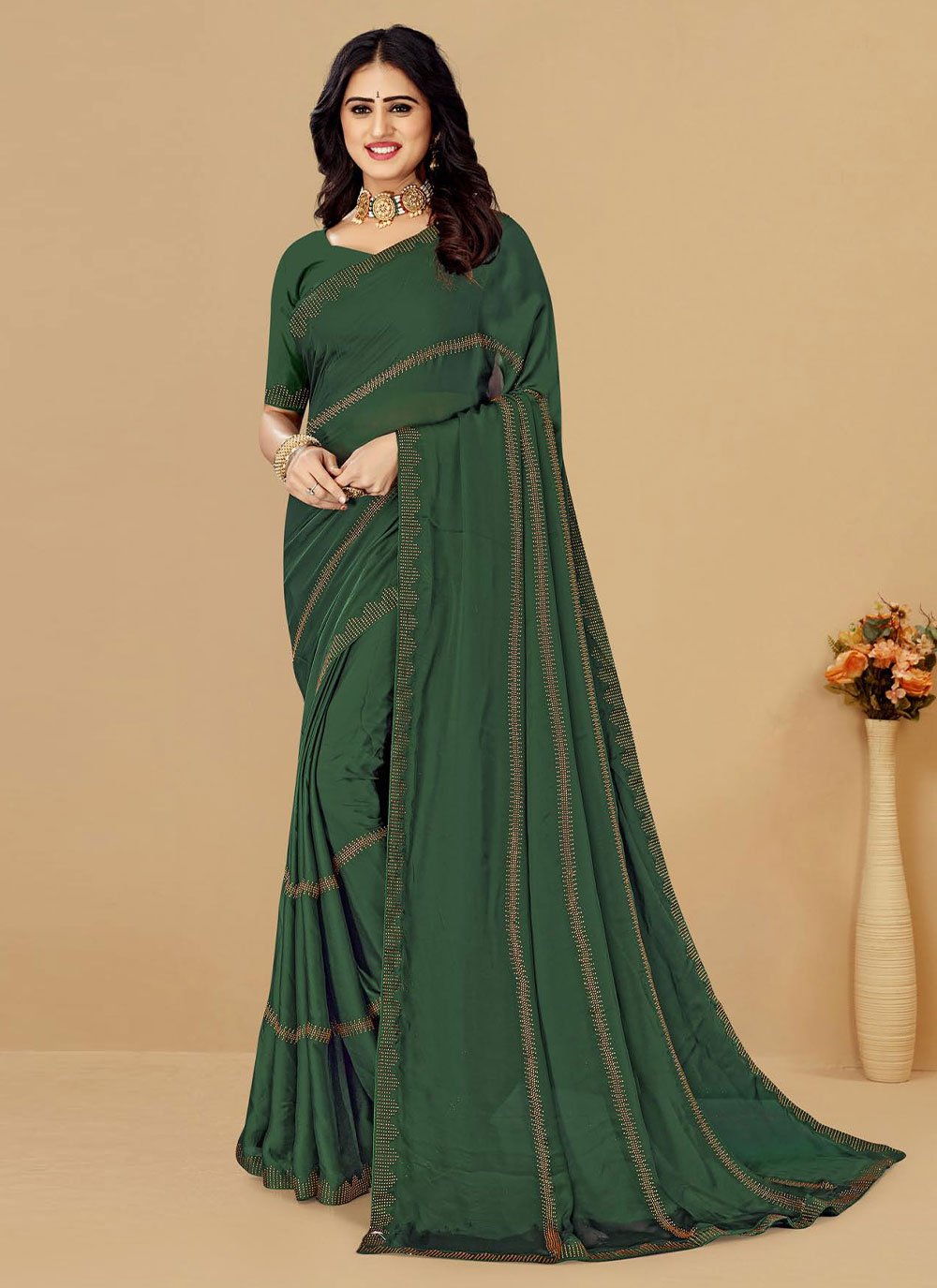 Classic Satin Green Embroidered Saree