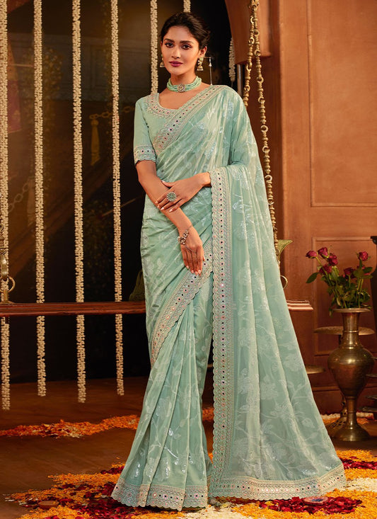 Contemporary Silk Tissue Green Embroidered Saree