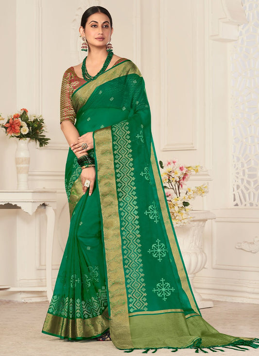 Contemporary Organza Green Embroidered Saree