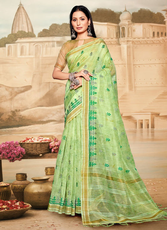 Designer Cotton Linen Green Embroidered Saree