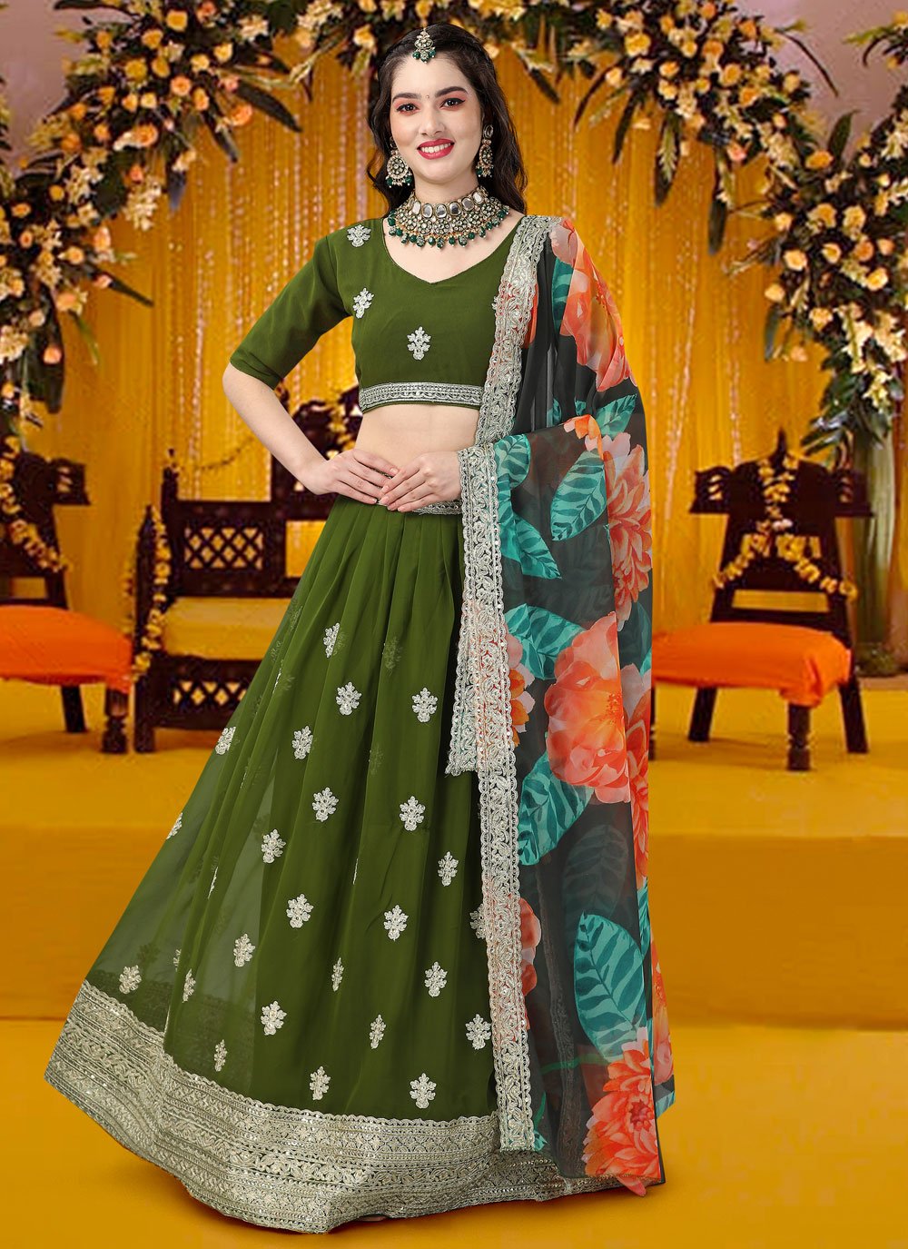 Lehenga Choli Faux Georgette Green Embroidered Lehenga Choli