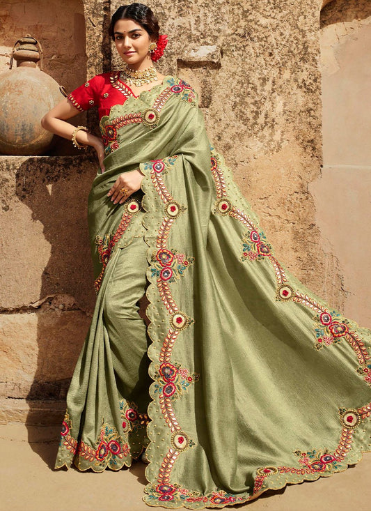 Designer Silk Green Embroidered Saree